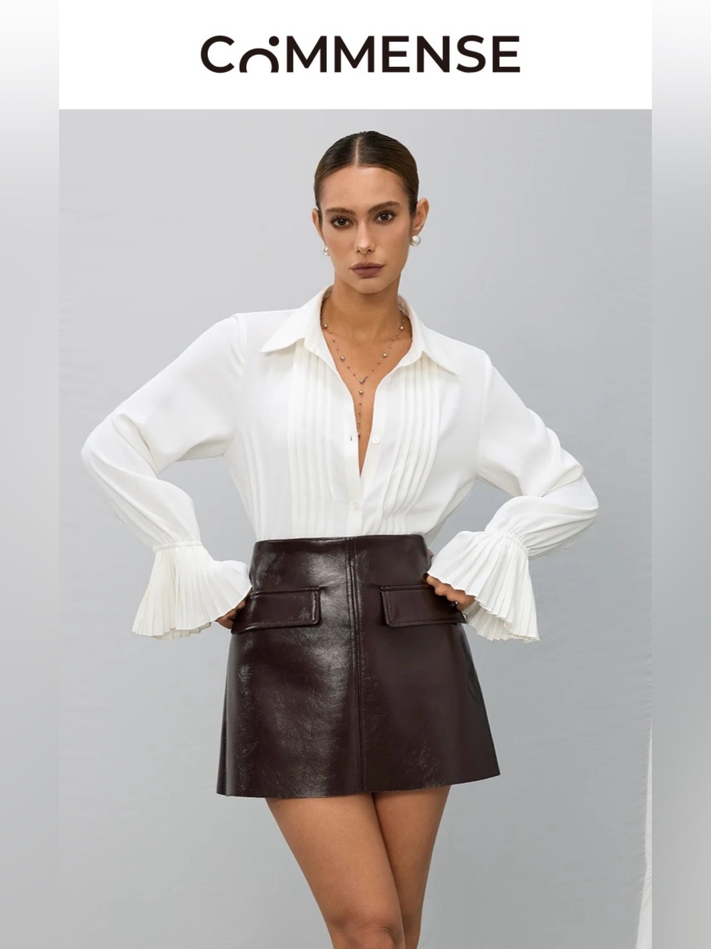 Commense White Pleated-Cuff Button Down Shirt
